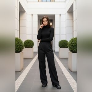 Flores & Flores SZ 6 Wide Leg 100% Black Silk Flat Front Pants Back Zip Lined